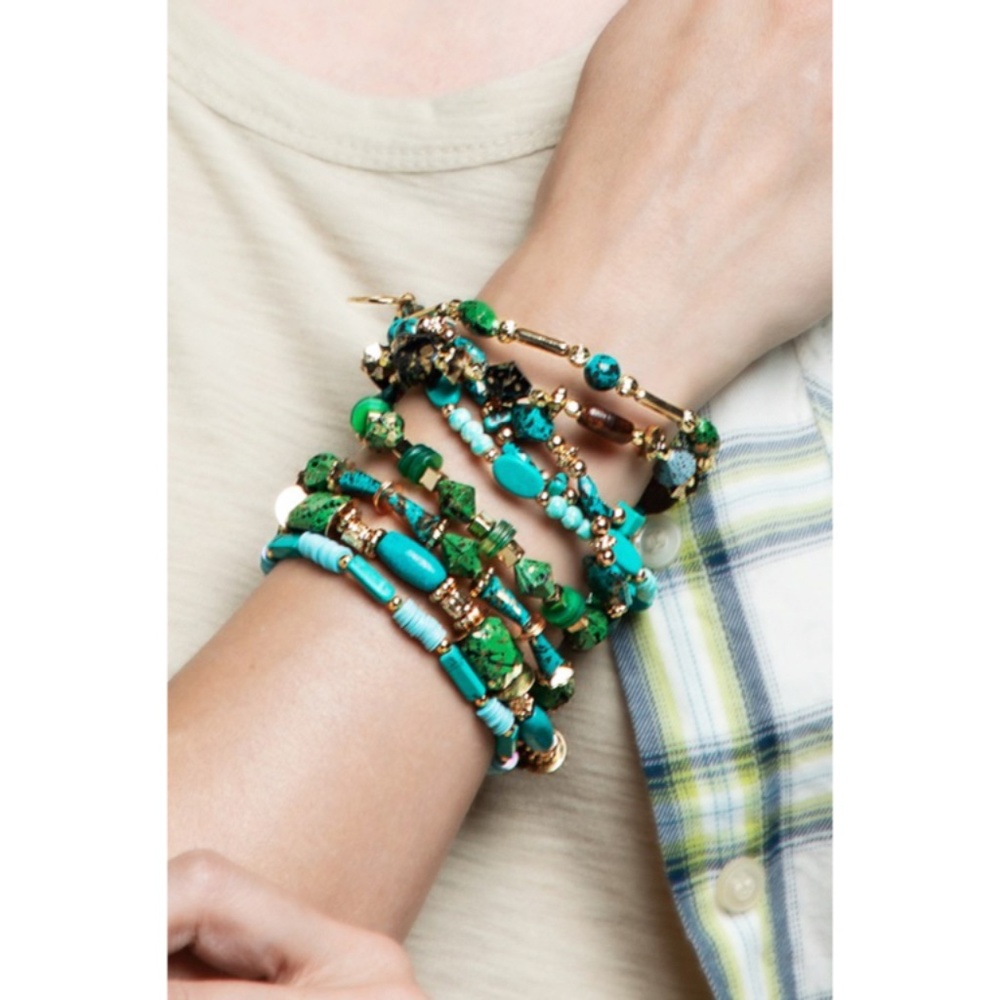 Green Hidden Valley Multi Layer Natural Stone Charm Boho Stretch Bracelet Set - Picture 2 of 5